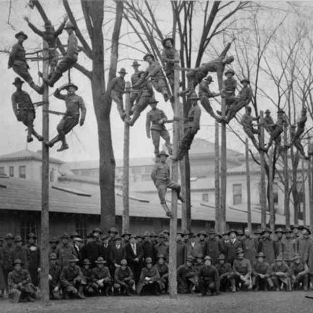 A telephone electricians pole climbing class in 1918