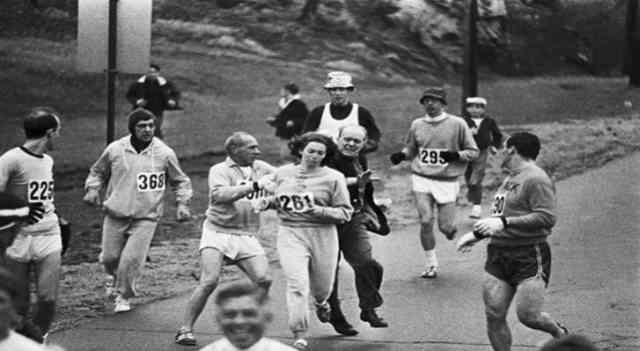41. Organizers from the Boston Marathon attempt to stop a woman from running the race, 1967.