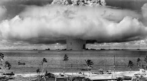 13. Shot of the first post WWII nuclear test, Operation Crossroads in the Marshall Islands.