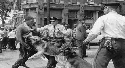 28. Police, dogs and man during the civil rights movement, 1964.